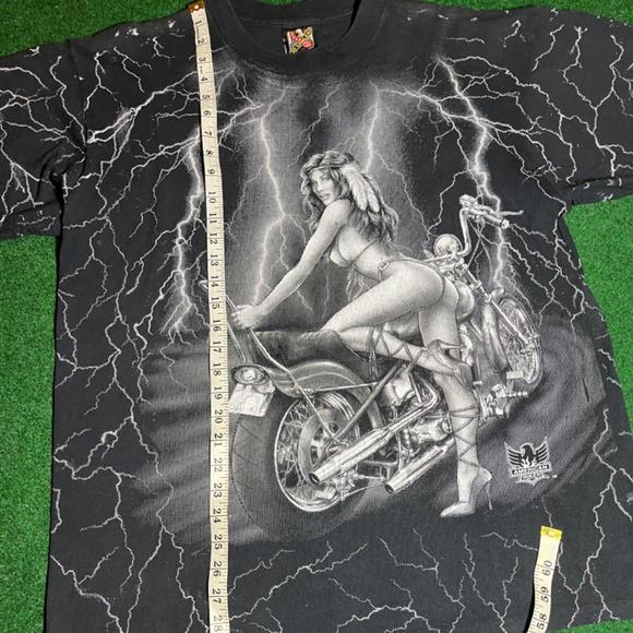 Vintage 3D Emblem Biker Girl All Over Print Lightening Tshirt - Picture 3 of 5